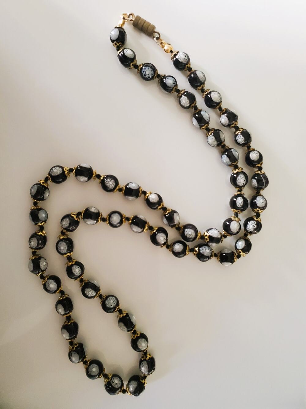 Vintage Black Glass Beaded and Hand Painted Venetian Necklace